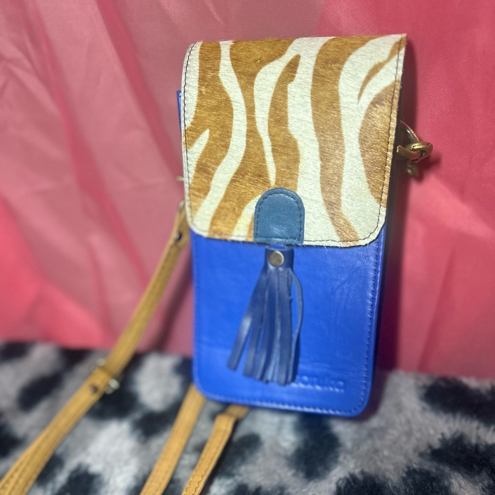 Soruka Leather Crossbody | Zebra Print + Blue | Boho Vibes